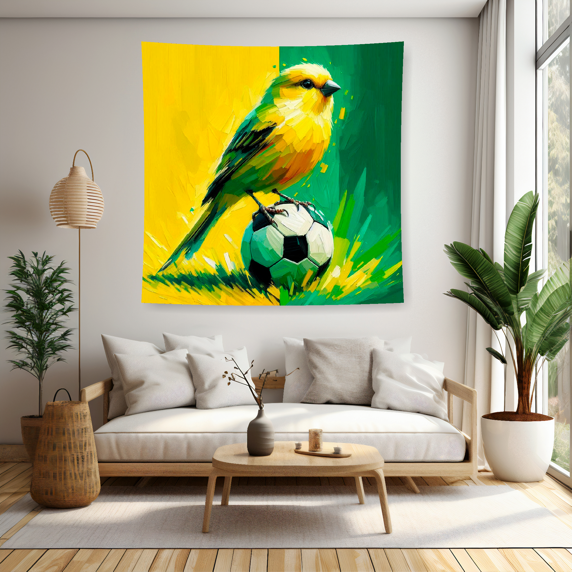 A vibrant 150cm x 150cm large art blanket featuring a colourful themed design inspired by Norwich City football team. Perfect for football fans to add a touch of team pride and warmth to their home.