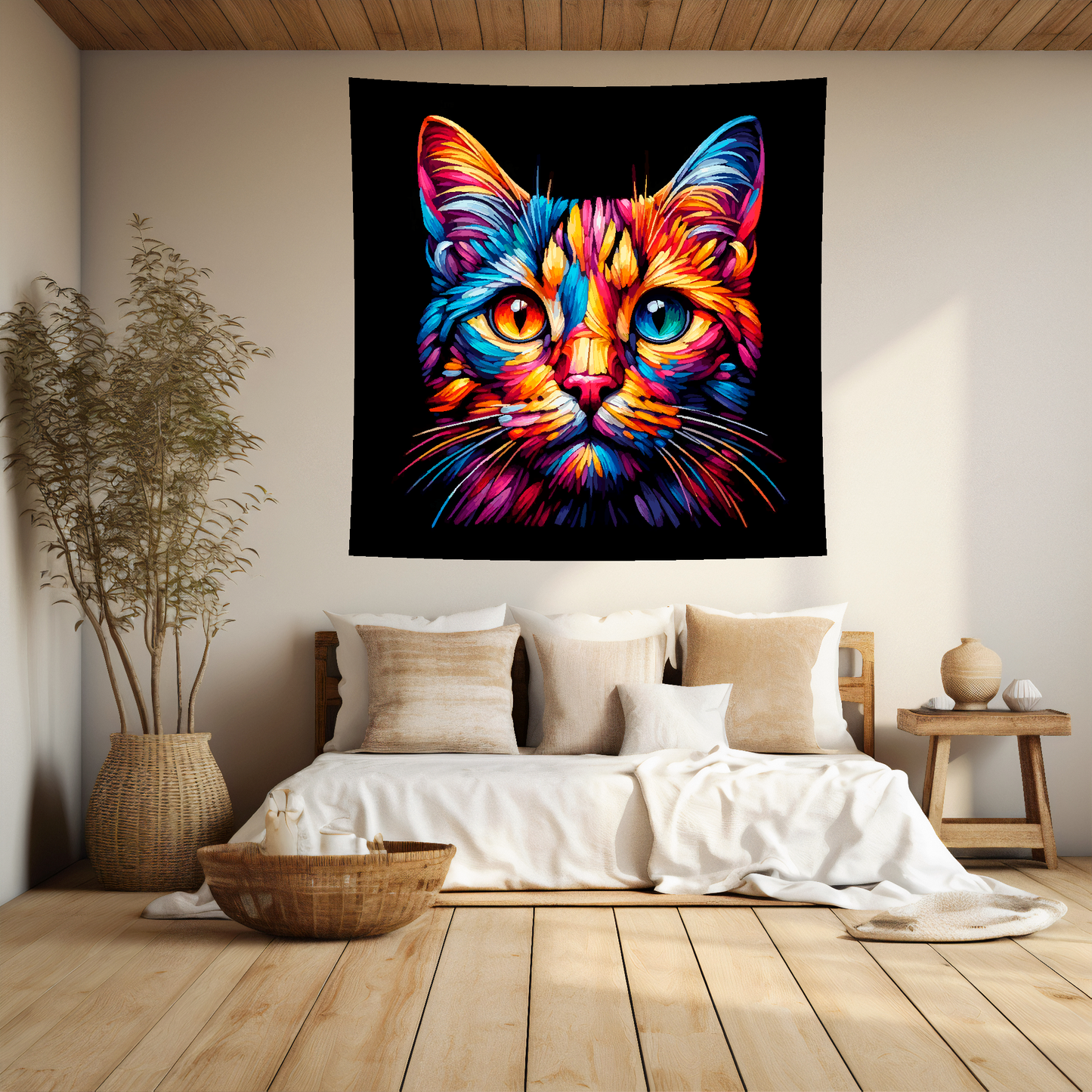 A 1.5m x 1.5m large art blanket hangs on a bedroom wall, featuring a colourful head portrait of a Ocicat. Black background.