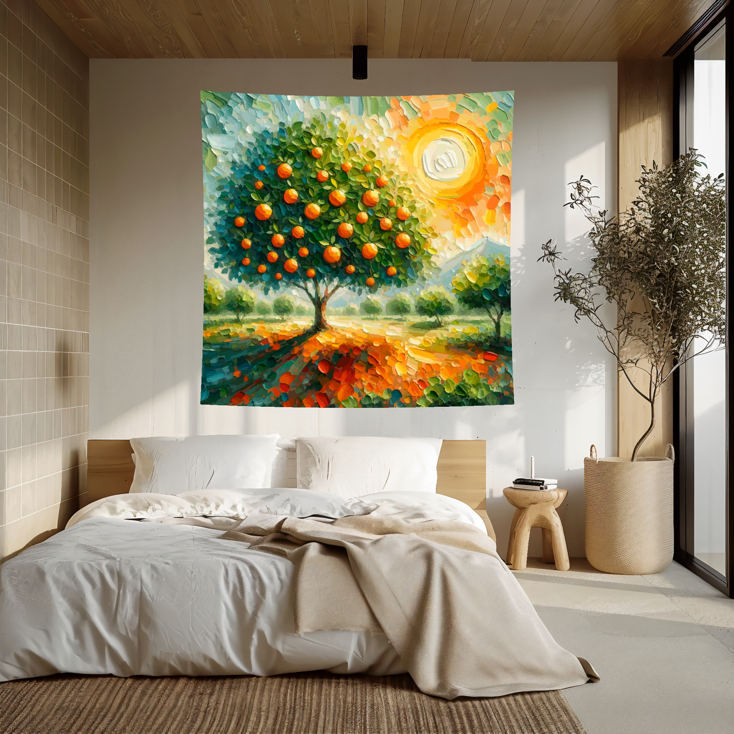 Large Art Blanket featuring an Orange tree landscape. 1.5 metres by 1.5 metres, perfect for adding a touch of nature to your home.