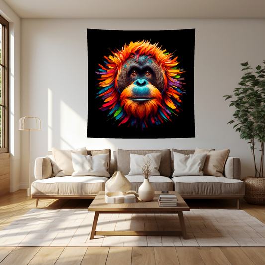 Large art blanket featuring a detailed and colourful portrait of a Orangutan. Measuring 1.5 metres by 1.5 metres, this blanket is perfect for adding a touch of natural wildlife beauty to any big wall space.