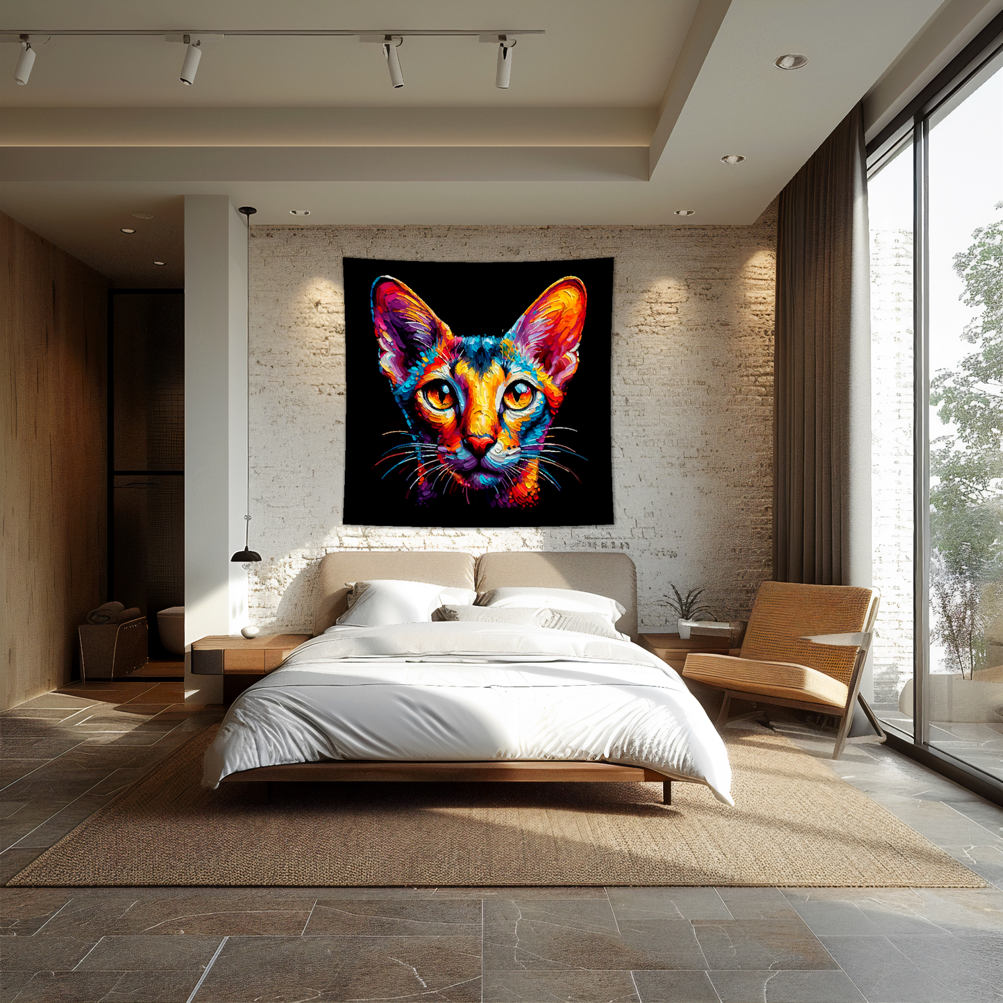 A 1.5m x 1.5m large art blanket hangs on a bedroom wall, featuring a colourful head portrait of a Oriental shorthair cat. Black background.