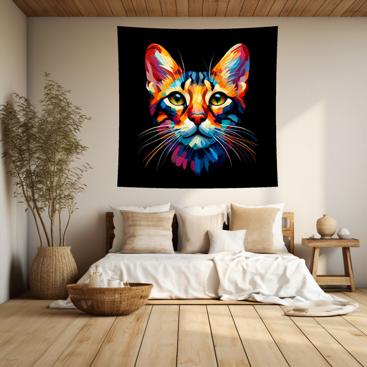 A vibrant 150cm x 150cm large art blanket featuring a colourful portrait of an Oriental cat. The design captures the cat's distinctive Markings and playful expression, brought to life with a palette of bright and bold colours. Perfect for adding a touch of feline charm and warmth to any space.