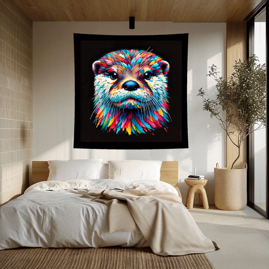 Large art blanket featuring a detailed and colourful portrait of an Otter. Measuring 1.5 metres by 1.5 metres, this blanket is perfect for adding a touch of natural wildlife beauty to any big wall space.