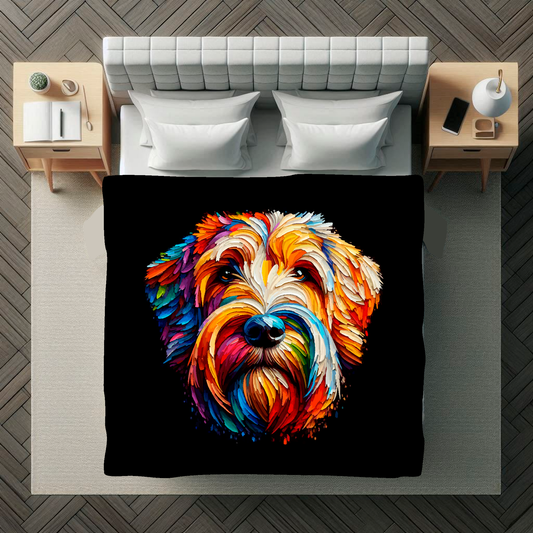 A vibrant 150cm x 150cm large art blanket featuring a colourful portrait of a Otterhound dog. The design showcases the playful and lively nature of the breed, with an array of bright and bold colours bringing the artwork to life. Perfect for filling large walls, Bed spread or throw, adding a touch of warmth to any room.