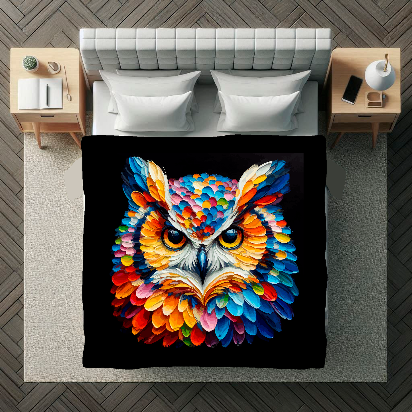 Large art blanket featuring a detailed and colourful bird portrait of an Owl. Measuring 1.5 metres by 1.5 metres, perfect for adding natural beauty and elegance to any big wall space.