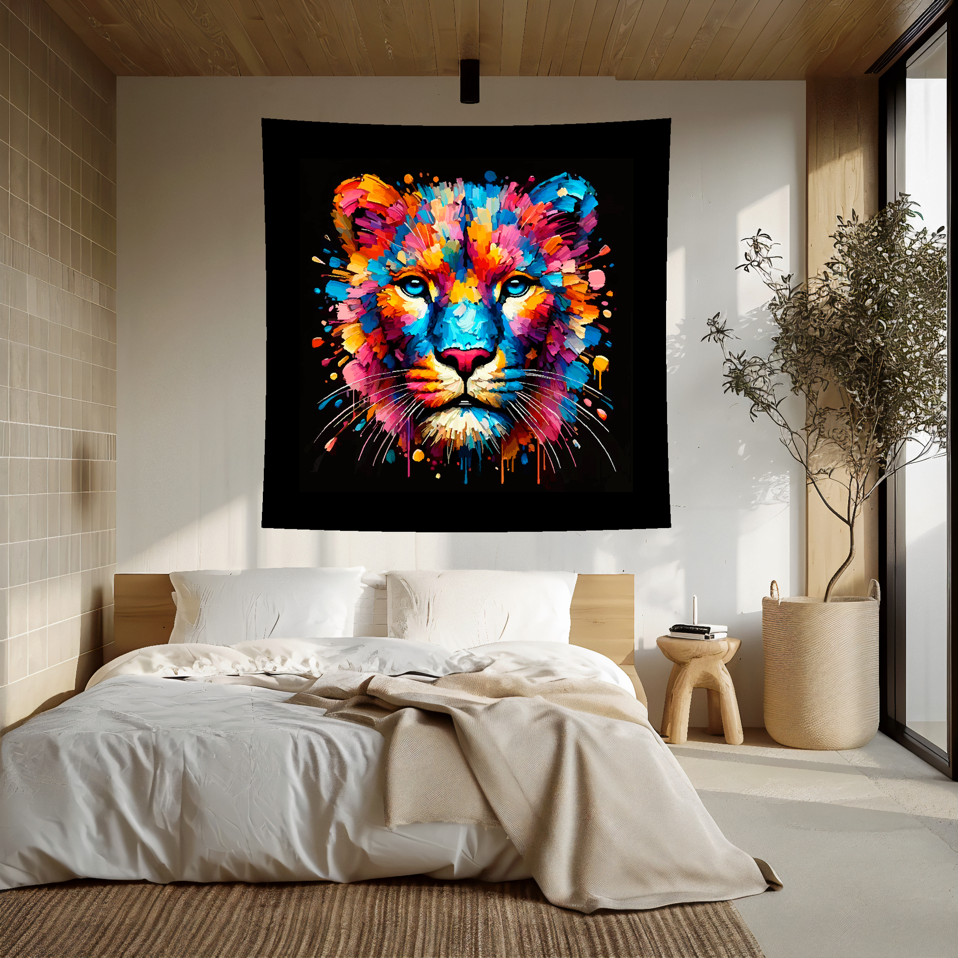 Large art blanket featuring a detailed and colourful portrait of a Panther. Measuring 1.5 metres by 1.5 metres, this blanket is perfect for adding a touch of natural wildlife beauty to any big wall space.