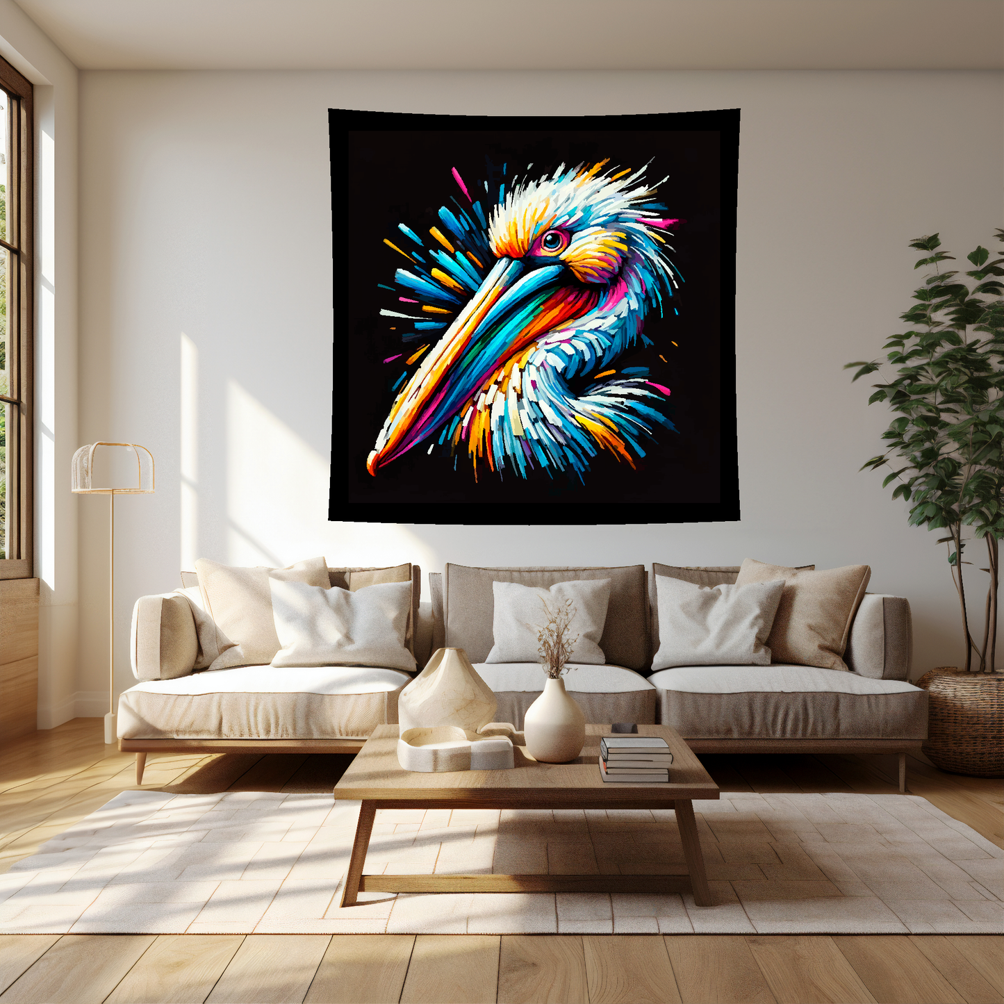 Large art blanket featuring a detailed and colourful bird portrait of a Pelican. Measuring 1.5 metres by 1.5 metres, perfect for adding natural beauty and elegance to any big wall space.