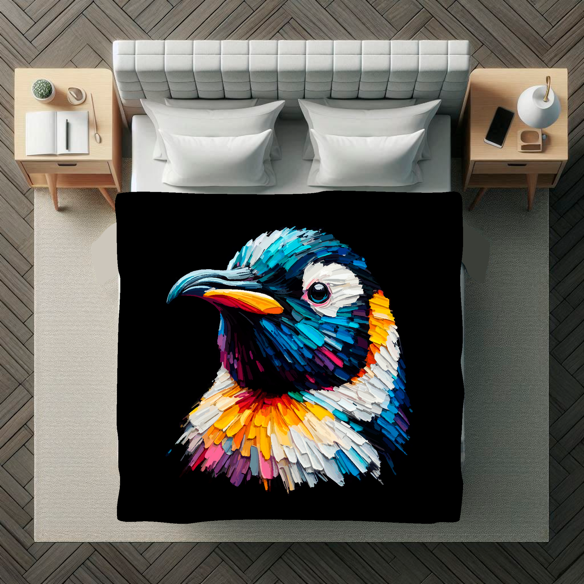 Large art blanket featuring a detailed and colourful bird portrait of a Penguin. Measuring 1.5 metres by 1.5 metres, perfect for adding natural beauty and elegance to any big wall space.