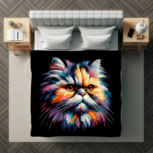 A vibrant 150cm x 150cm large art blanket featuring a colourful portrait of a Persian cat. The design captures the cat's distinctive Markings and playful expression, brought to life with a palette of bright and bold colours. Perfect for adding a touch of feline charm and warmth to any space.