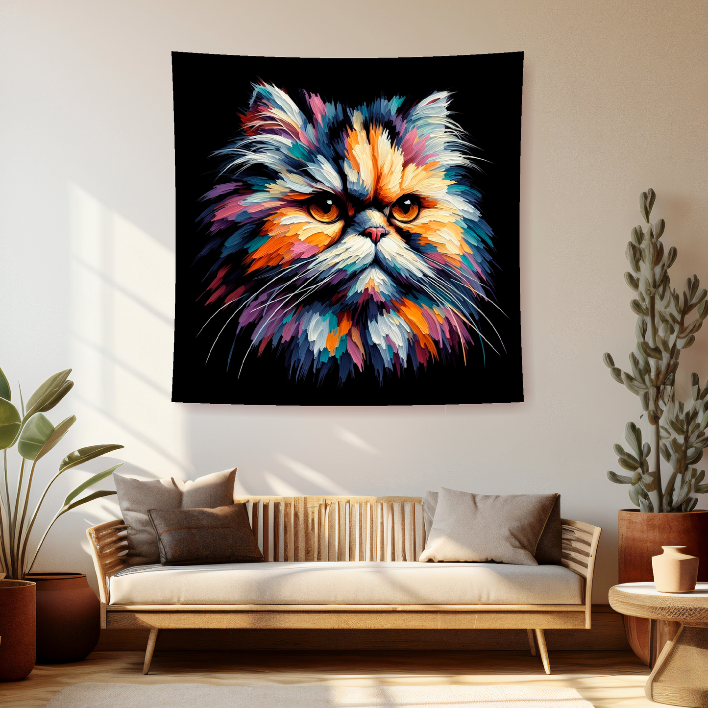 A vibrant 150cm x 150cm large art blanket featuring a colourful portrait of a Persian cat. The design captures the cat's distinctive Markings and playful expression, brought to life with a palette of bright and bold colours. Perfect for adding a touch of feline charm and warmth to any space.