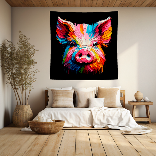 Large art blanket featuring a detailed and colourful portrait of a Pig. Measuring 1.5 metres by 1.5 metres, this blanket is perfect for adding a touch of natural wildlife beauty to any big wall space.