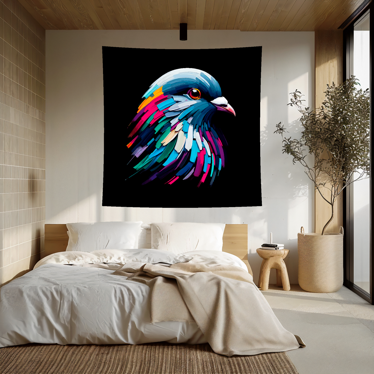 Large art blanket featuring a detailed and colourful bird portrait of a Pigeon. Measuring 1.5 metres by 1.5 metres, perfect for adding natural beauty and elegance to any big wall space.