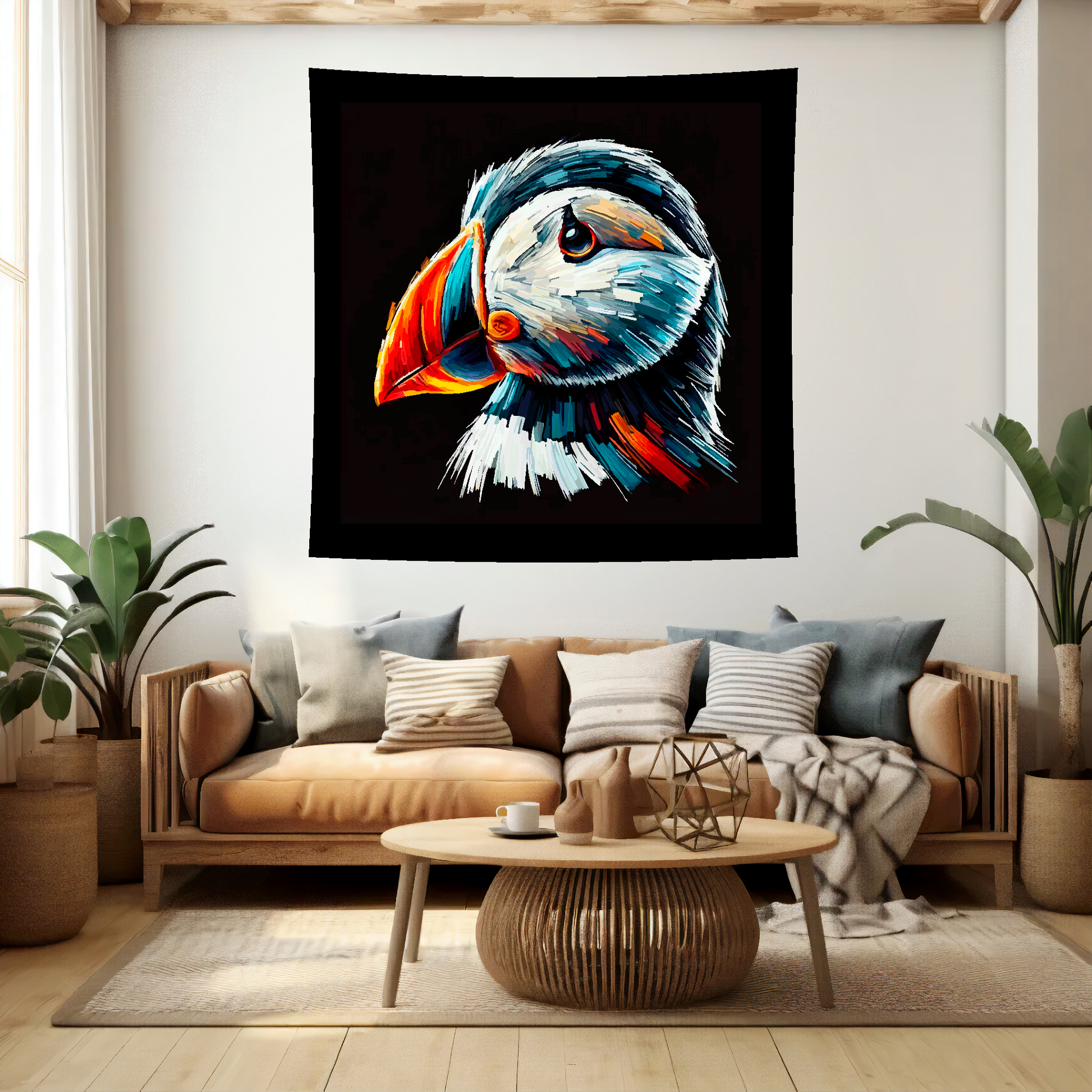 Large art blanket featuring a detailed and colourful bird portrait of a Puffin. Measuring 1.5 metres by 1.5 metres, perfect for adding natural beauty and elegance to any big wall space.