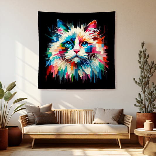 A vibrant 150cm x 150cm large art blanket featuring a colourful portrait of a Rag Doll cat. The design captures the cat's distinctive Markings and playful expression, brought to life with a palette of bright and bold colours.