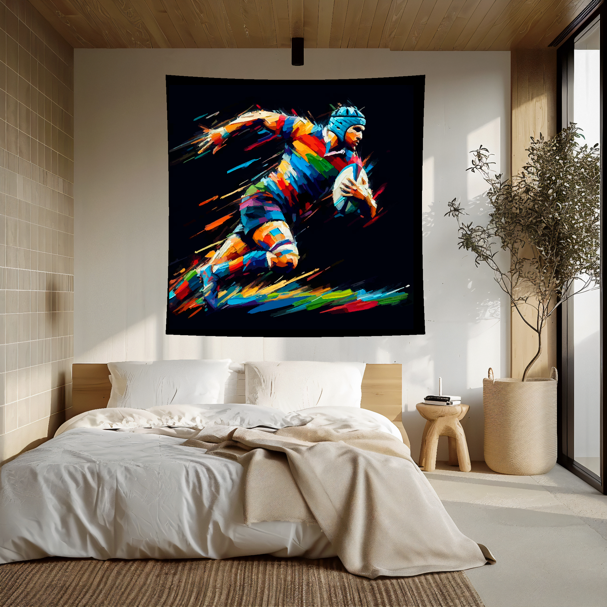 Abstract art blanket featuring a colourful Rugby player. 1.5 metres by 1.5 metres, perfect for adding a touch of sporting action to any big wall space.