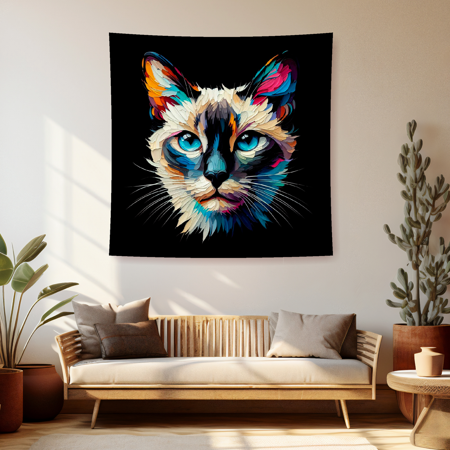 A vibrant 150cm x 150cm large art blanket featuring a colourful portrait of a Siamese cat. The design captures the cat's distinctive Markings and playful expression, brought to life with a palette of bright and bold colours. Perfect for adding a touch of feline charm and warmth to any space.