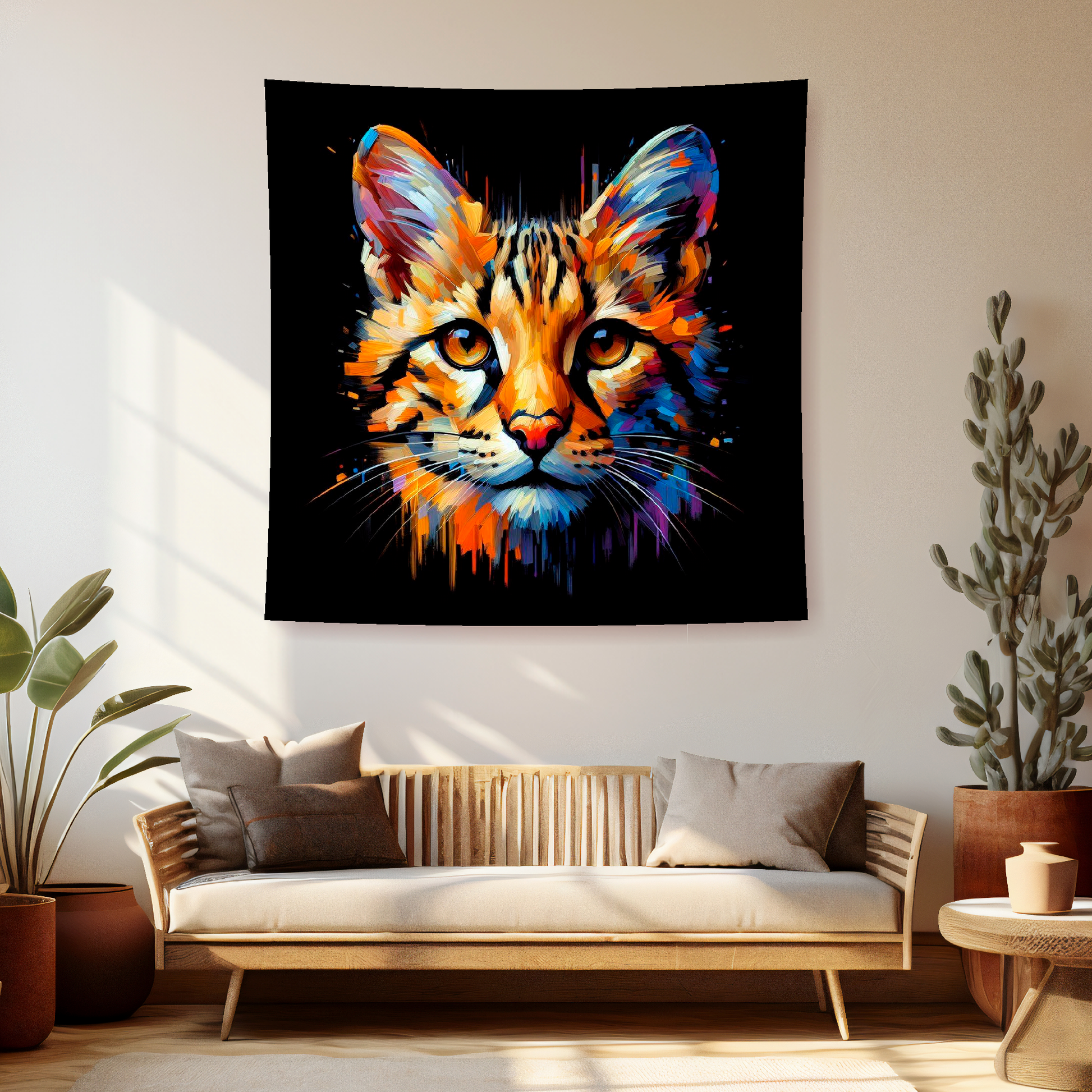 A vibrant 150cm x 150cm large art blanket featuring a colourful portrait of a Savannah cat. The design captures the cat's distinctive Markings and playful expression, brought to life with a palette of bright and bold colours. Perfect for adding a touch of feline charm and warmth to any space.