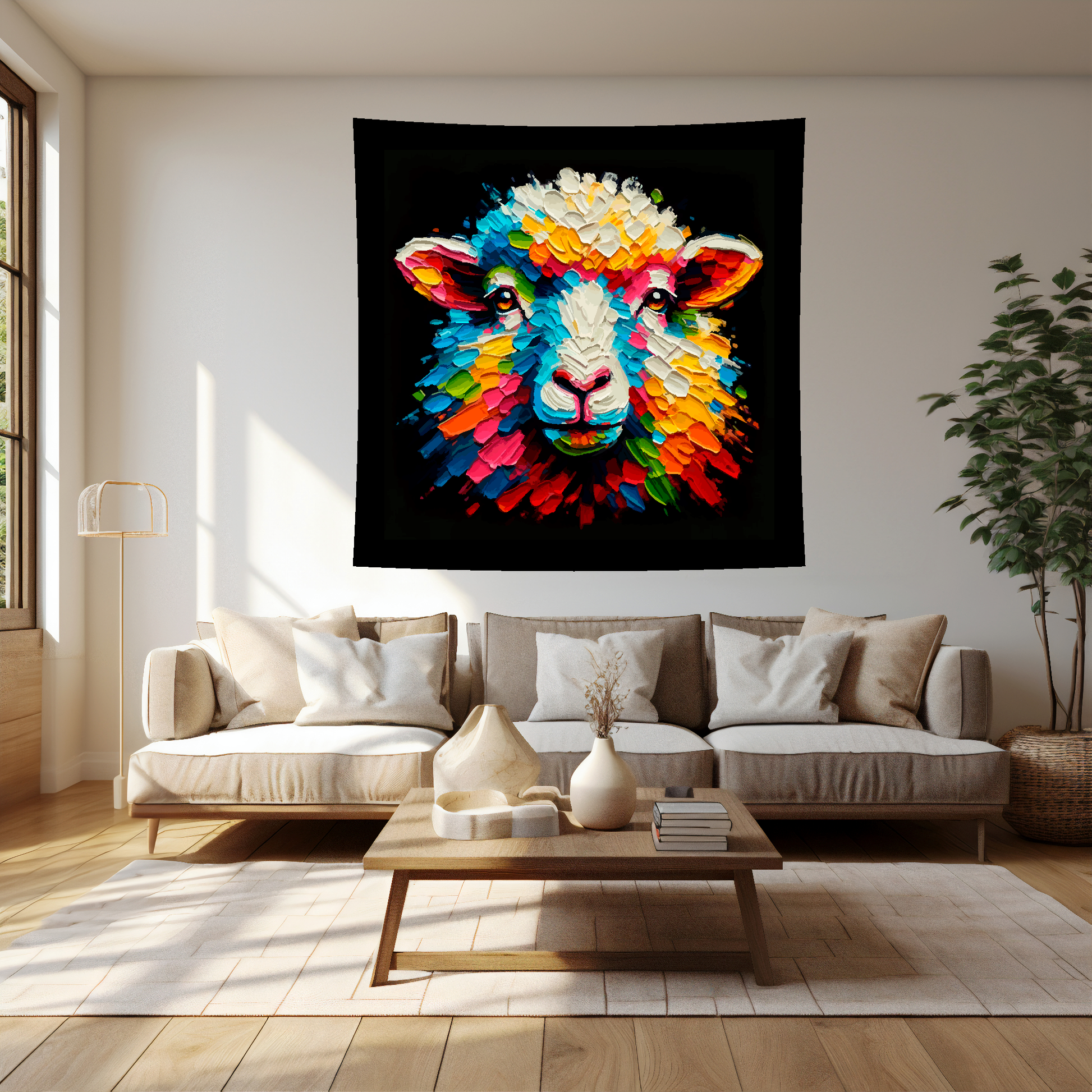 Large art blanket featuring a detailed and colourful portrait of a Sheep. Measuring 1.5 metres by 1.5 metres, this blanket is perfect for adding a touch of natural wildlife beauty to any big wall space.