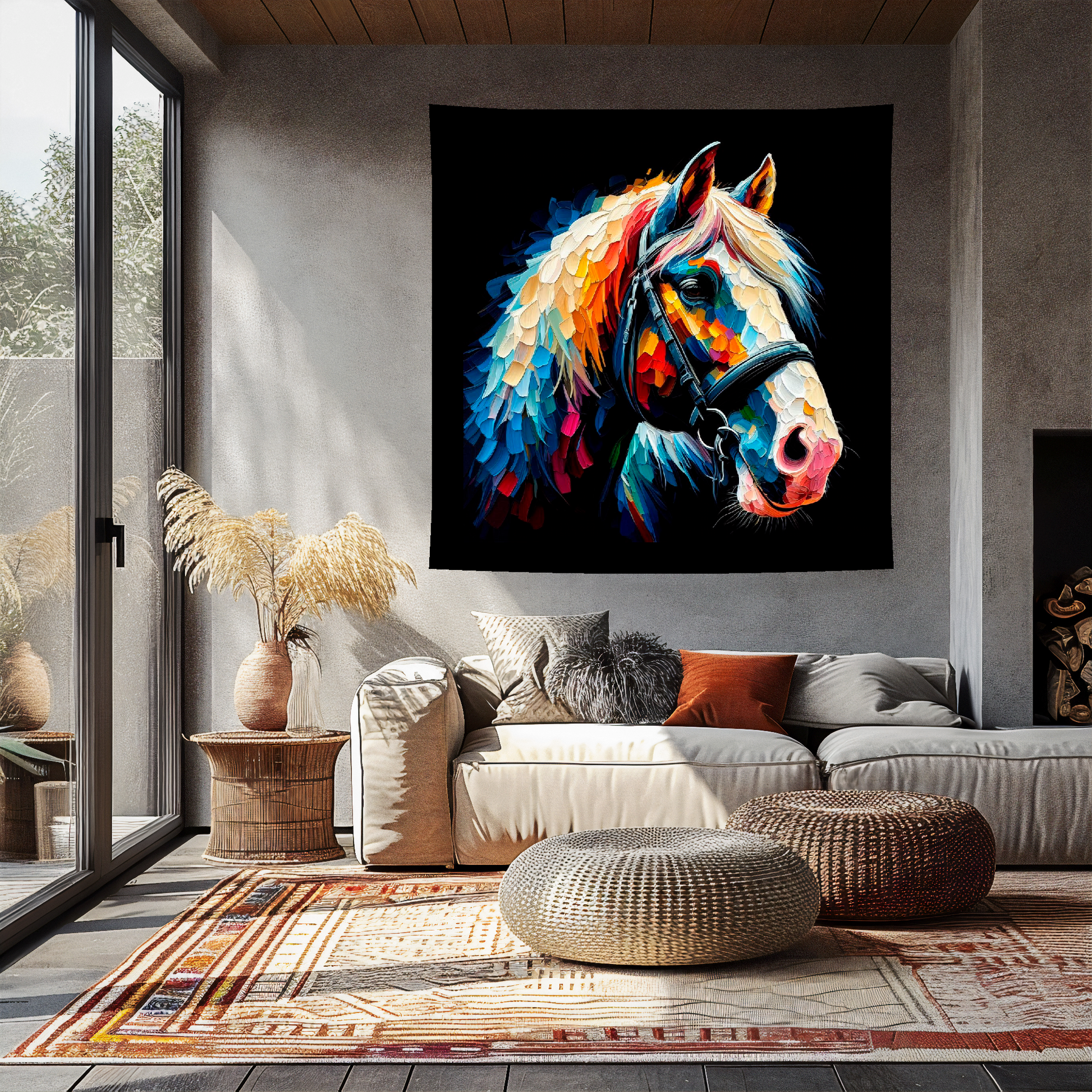 Large art blanket featuring a detailed and colourful portrait of a Shire Horse. Measuring 1.5 metres by 1.5 metres, this blanket is perfect for adding a touch of natural wildlife beauty to any big wall space.