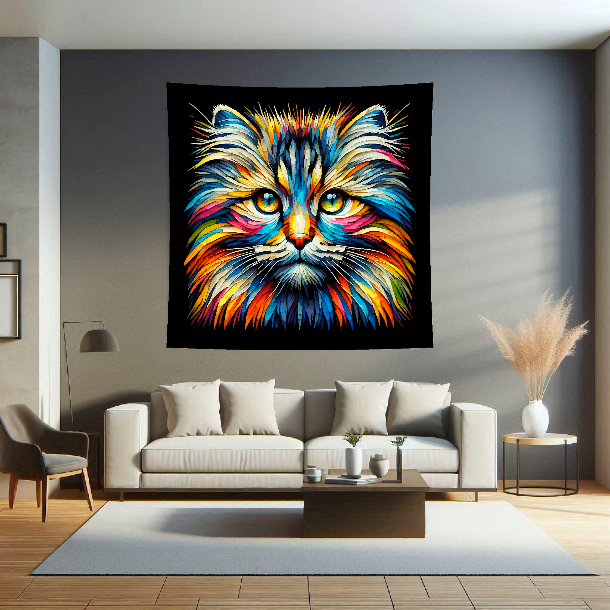 A 1.5m x 1.5m large art blanket hangs on a lounge wall, featuring a colourful head portrait of a Siberian Forest cat. Black background.