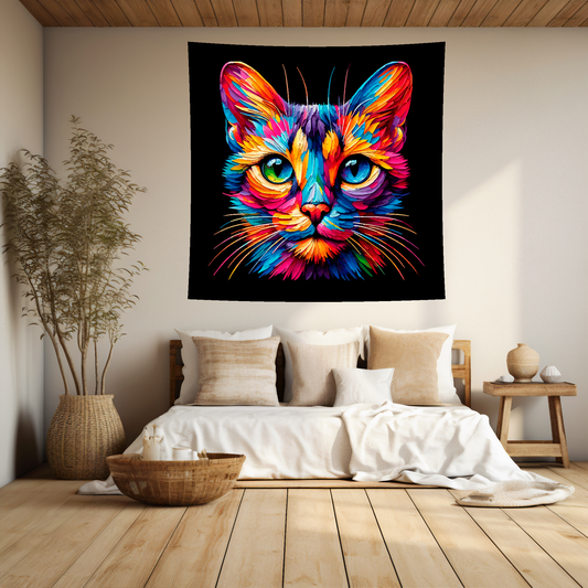 A 1.5m x 1.5m large art blanket hangs on a bedroom wall, featuring a colourful head portrait of a Singapura cat. Black background.