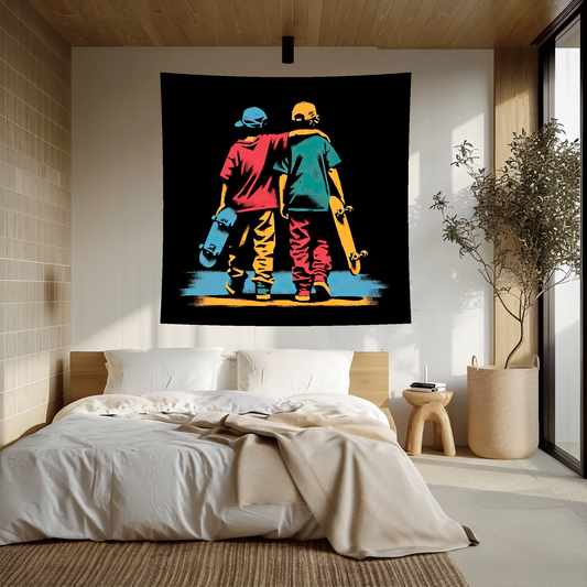 Large Art Blanket featuring two young children with skateboards. 1.5 metres by 1.5 metres, perfect for adding a touch of childhood memories to your home.