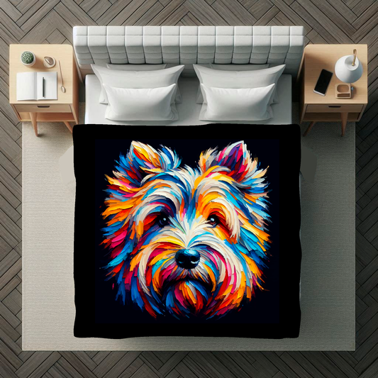 A vibrant 150cm x 150cm large art blanket featuring a colourful portrait of a Skye Terrier. The design showcases the playful and lively nature of the breed, with an array of bright and bold colours bringing the artwork to life. Perfect for filling large walls, Bed spread or throw, adding a touch of warmth to any room.