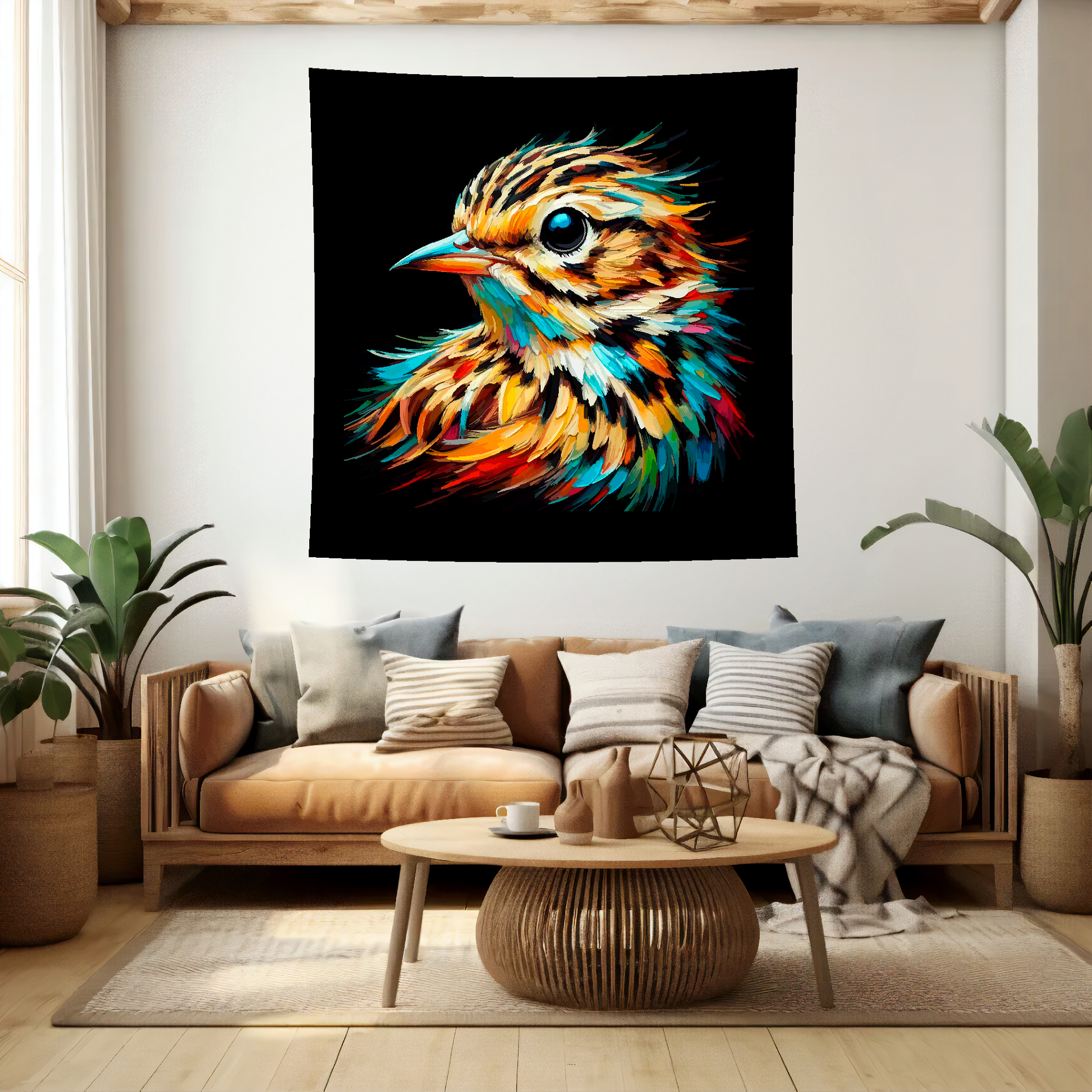 Large art blanket featuring a detailed and colourful bird portrait of a Skylark. Measuring 1.5 metres by 1.5 metres, perfect for adding natural beauty and elegance to any big wall space.