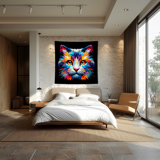 A 1.5m x 1.5m large art blanket hangs on a bedroom wall, featuring a colourful head portrait of a Snowshoe cat. Black background.