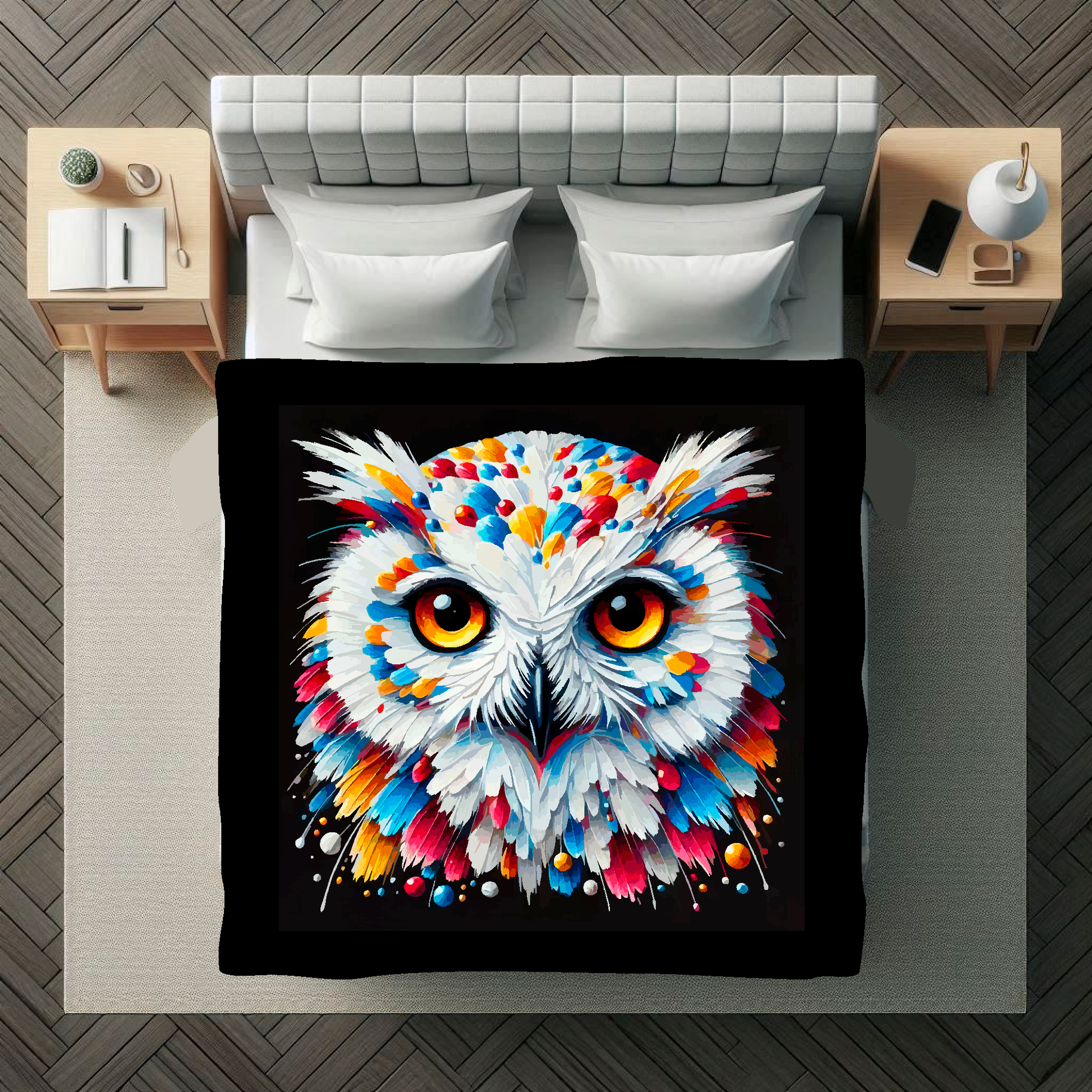 Large art blanket featuring a detailed and colourful bird portrait of a Snowy Owl. Measuring 1.5 metres by 1.5 metres, perfect for adding natural beauty and elegance to any big wall space.