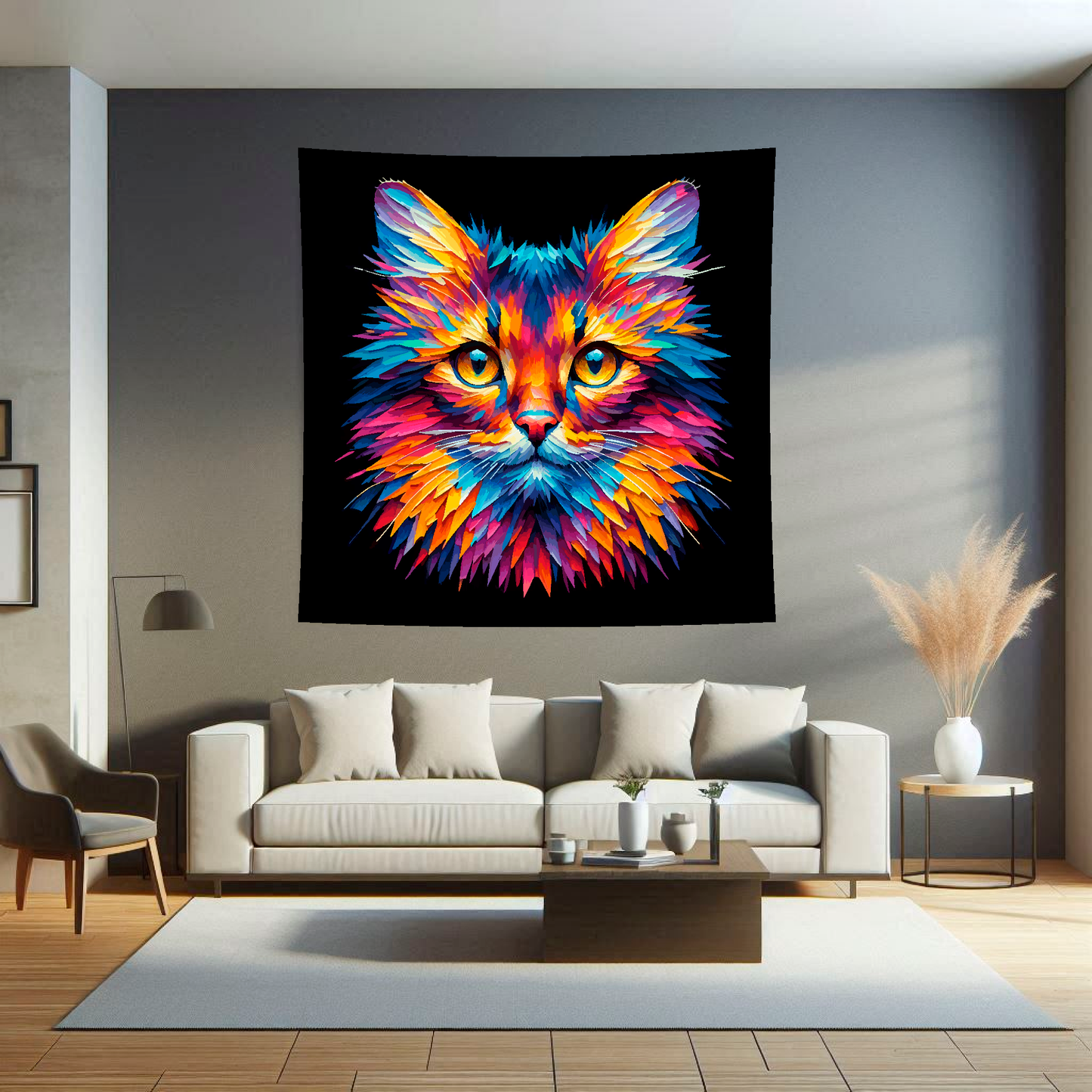 A 1.5m x 1.5m large art blanket hangs on a lounge wall, featuring a colourful head portrait of a Somali cat. Black background.