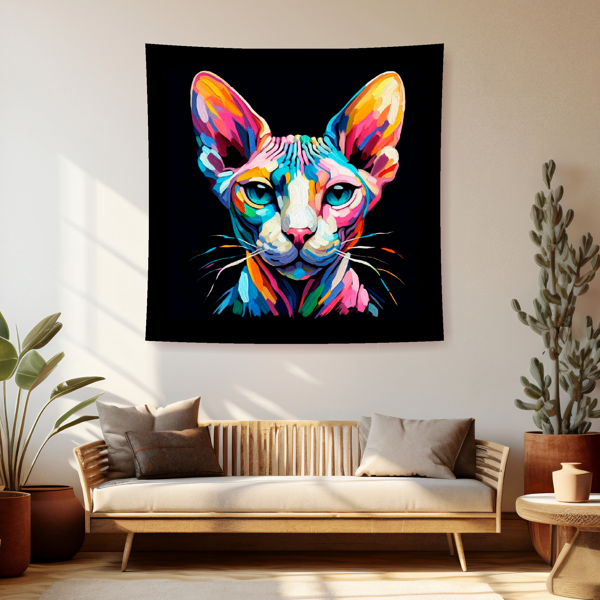 A vibrant 150cm x 150cm large art blanket featuring a colourful portrait of a Sphynx cat. The design captures the cat's distinctive Markings and playful expression, brought to life with a palette of bright and bold colours. Perfect for adding a touch of feline charm and warmth to any space.