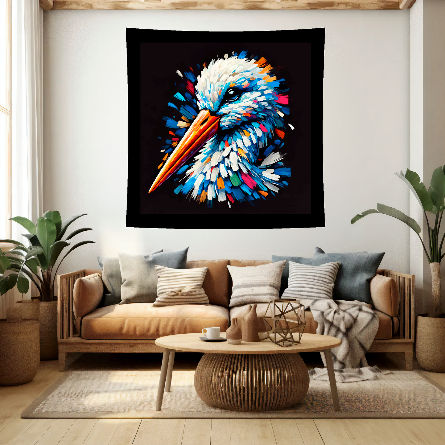 Large art blanket featuring a detailed and colourful bird portrait of a Stork. Measuring 1.5 metres by 1.5 metres, perfect for adding natural beauty and elegance to any big wall space.