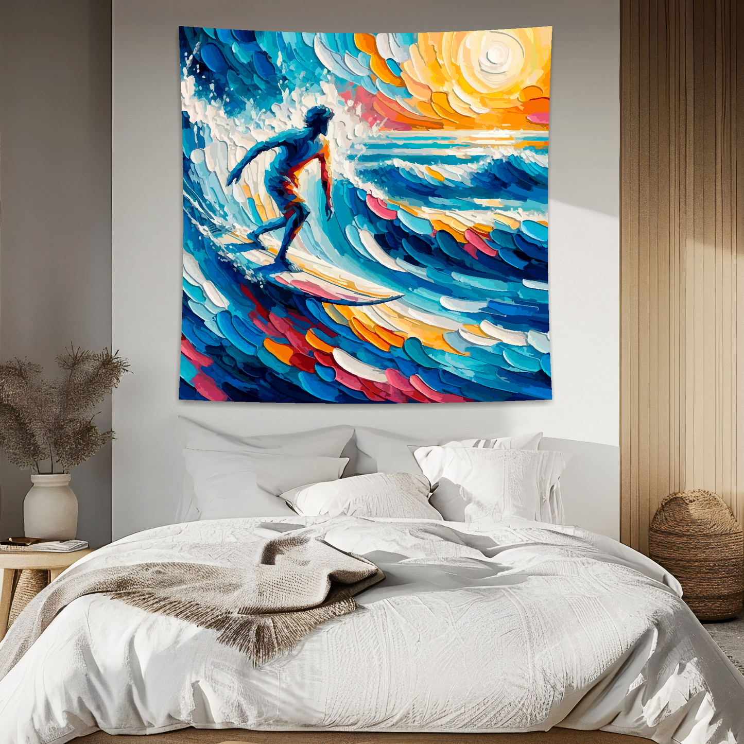 Abstract art blanket featuring colourful surfer on a colourful ocean. 1.5 metres by 1.5 metres, perfect for adding a touch of sporting action to any big wall space.