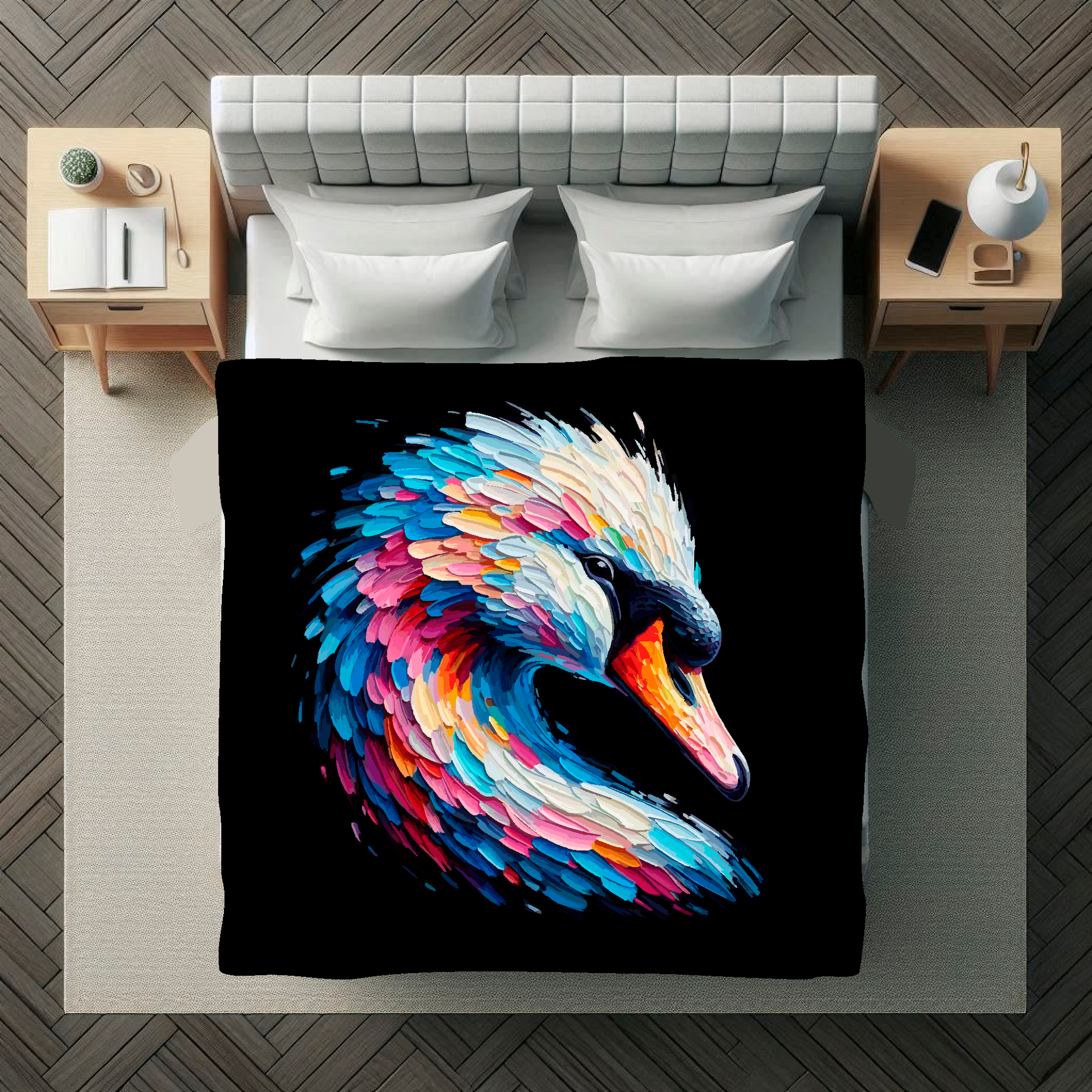 Large art blanket featuring a detailed and colourful bird portrait of a Swan. Measuring 1.5 metres by 1.5 metres, perfect for adding natural beauty and elegance to any big wall space.