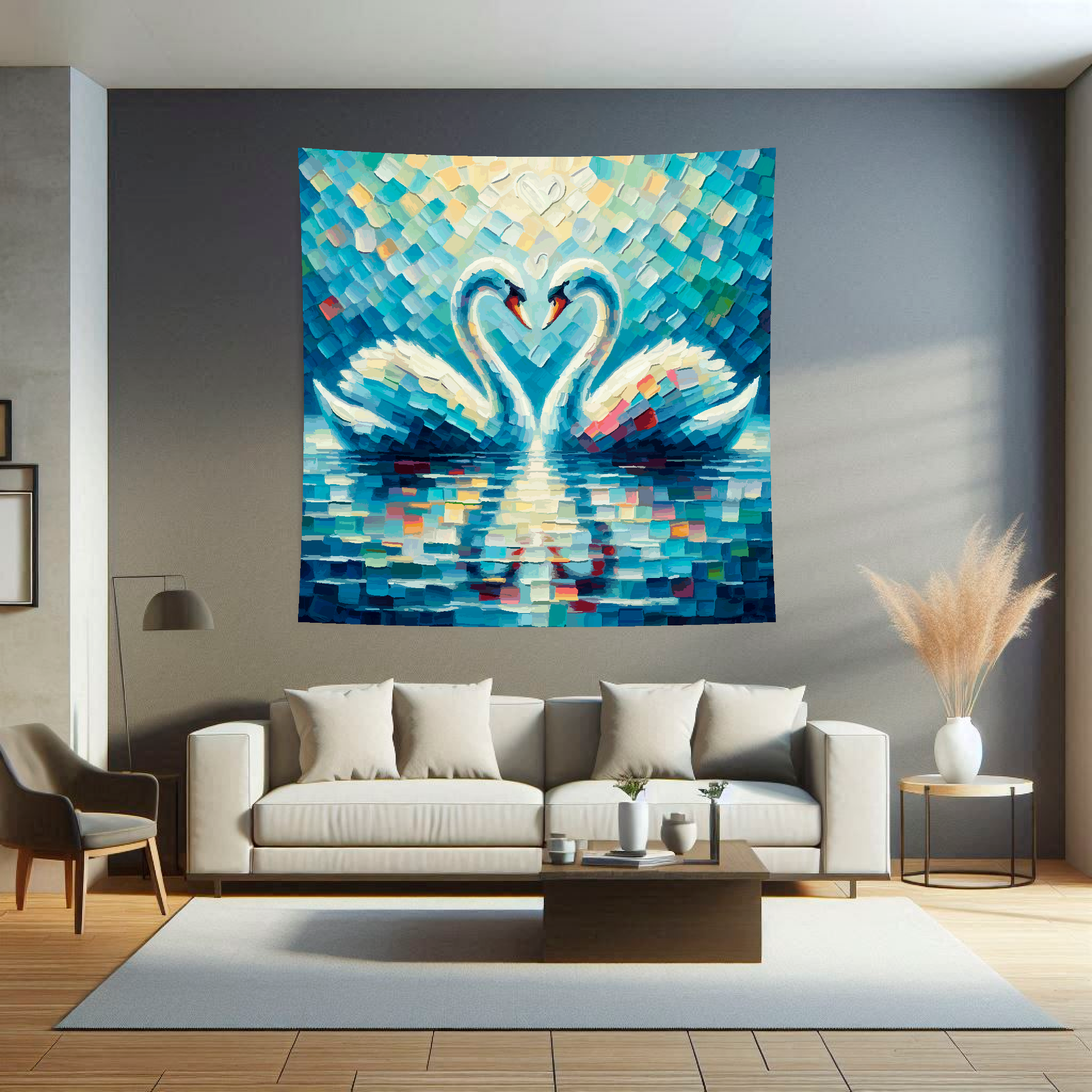 Large Art Blanket featuring Two swans together forming a heart. 1.5 metres by 1.5 metres, perfect for adding a touch of love to your home.