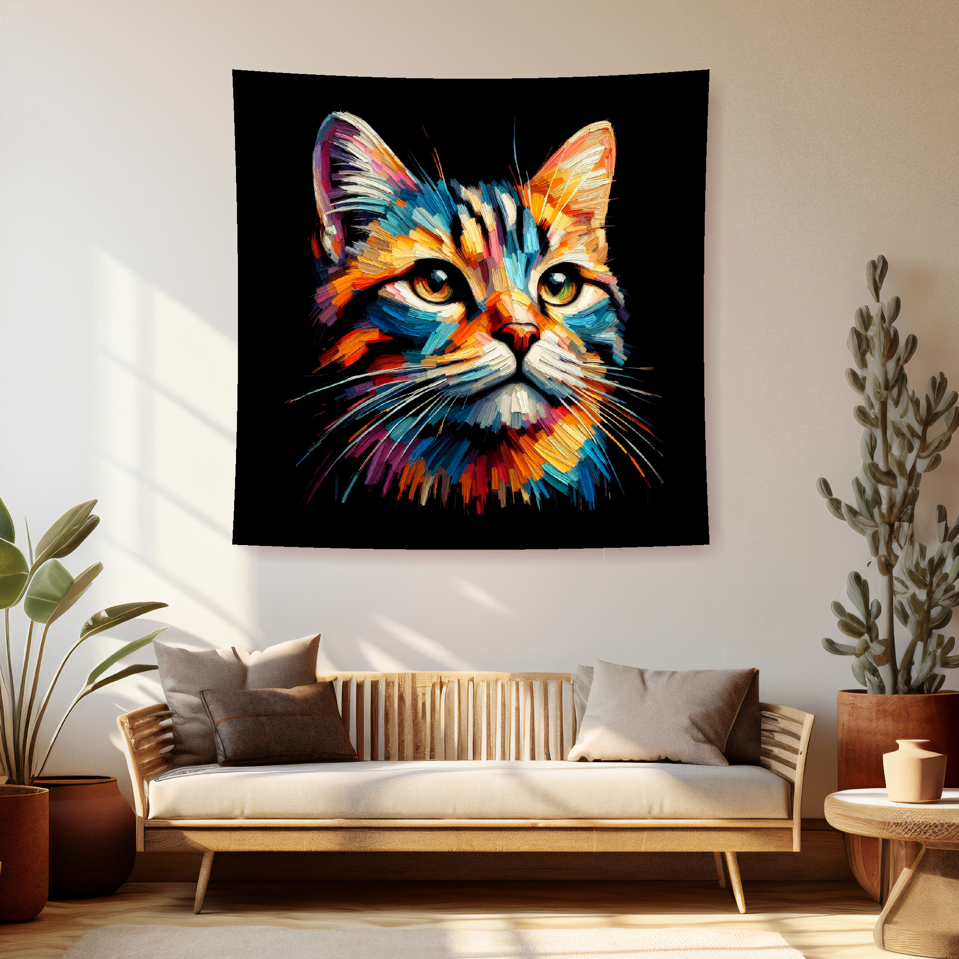 A vibrant 150cm x 150cm large art blanket featuring a colourful portrait of a Tabby cat. The design captures the cat's distinctive Markings and playful expression, brought to life with a palette of bright and bold colours. Perfect for adding a touch of feline charm and warmth to any space.