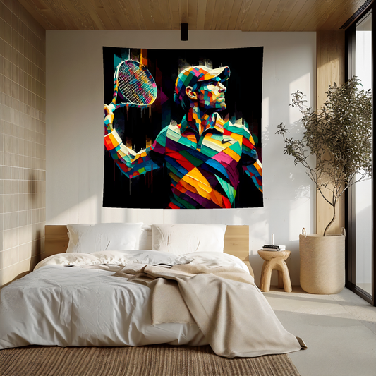 Abstract art blanket featuring a colourful Tennis player. 1.5 metres by 1.5 metres, perfect for adding a touch of sporting action to any big wall space.