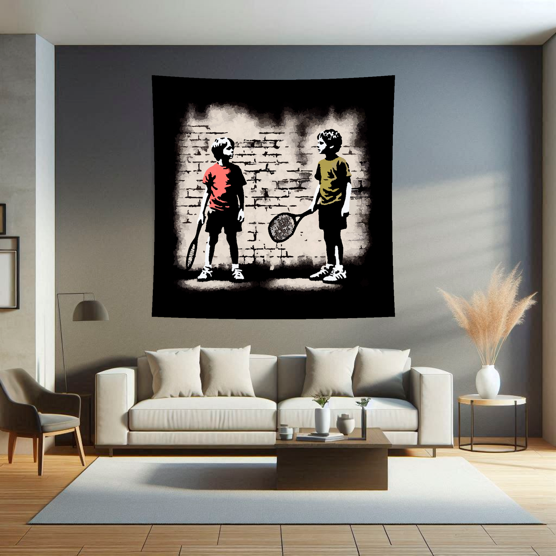 Large Art Blanket featuring two young children playing tennis by a wall. 1.5 metres by 1.5 metres, perfect for adding a touch of childhood memories to your home.