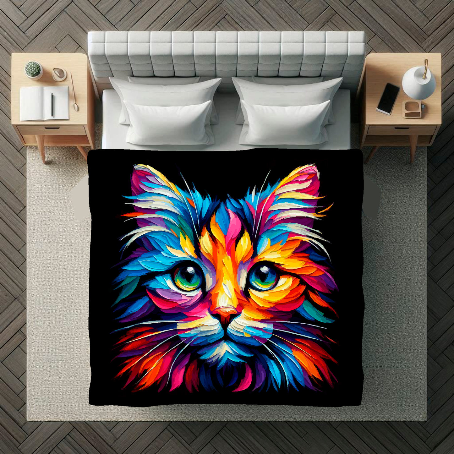 A 1.5m x 1.5m large art blanket is spread  out across a double bed, featuring a colourful head portrait of a Tiffany cat, black background.