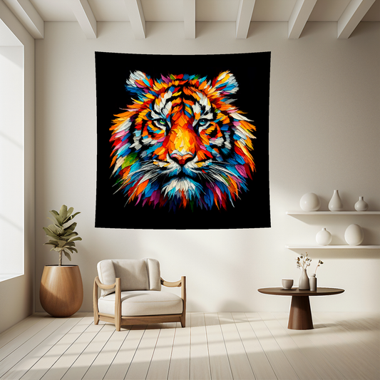 Large art blanket featuring a detailed and colourful portrait of a Tiger. Measuring 1.5 metres by 1.5 metres, this blanket is perfect for adding a touch of natural wildlife beauty to any big wall space.