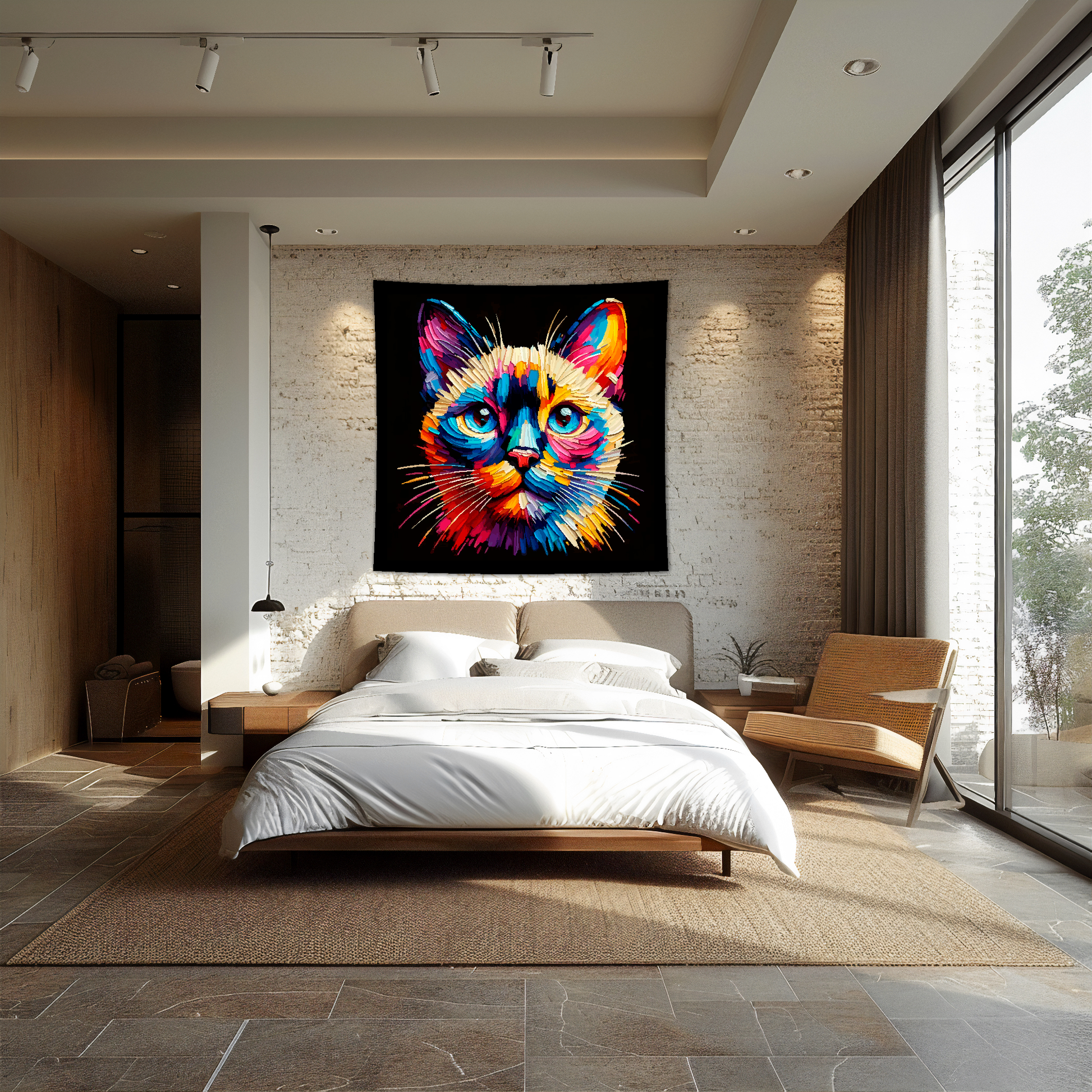 A 1.5m x 1.5m large art blanket hangs on a bedroom wall, featuring a colourful head portrait of a Tonkinese cat. Black background.