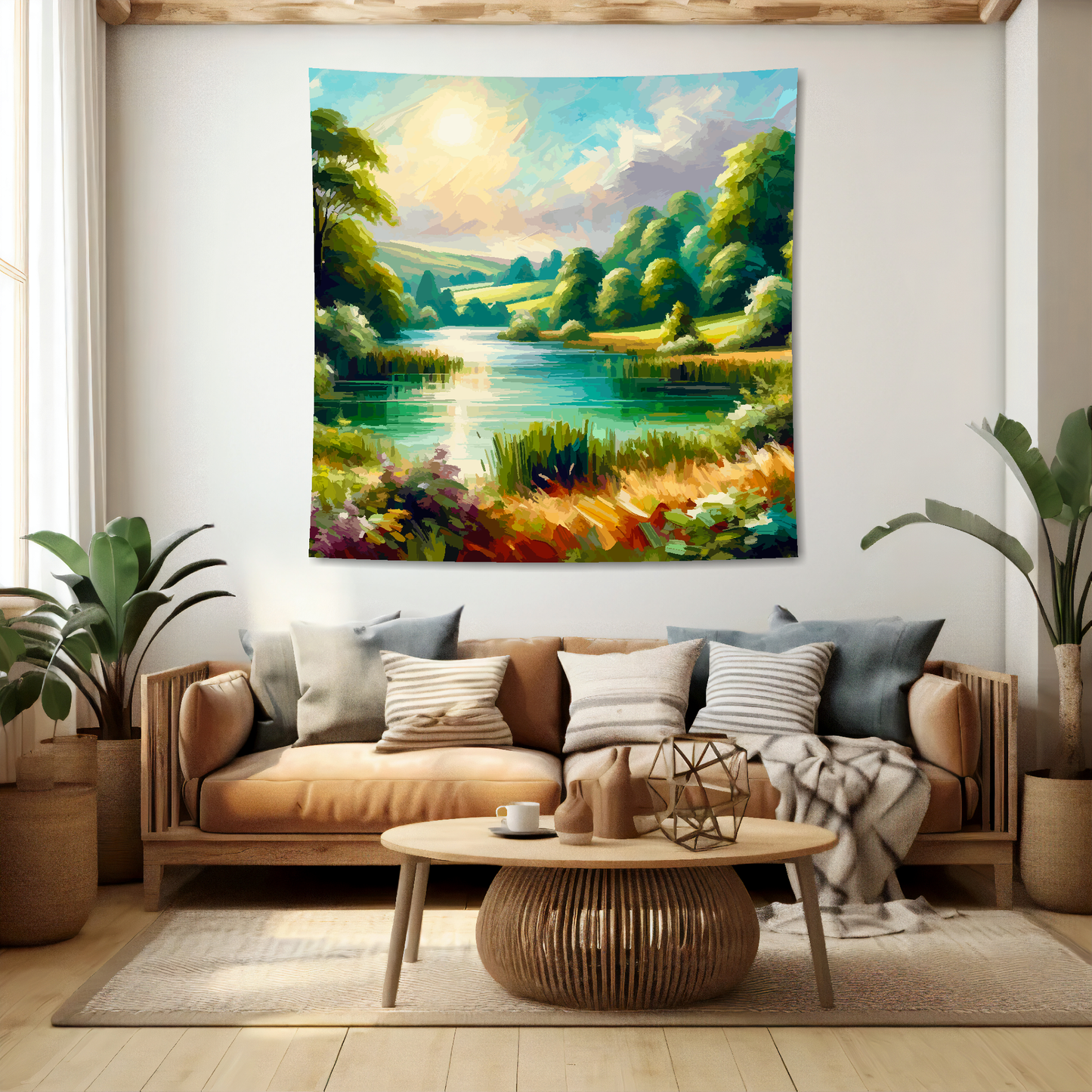 Abstract art blanket featuring a captivating tranquil lake scene. 1.5 metres by 1.5 metres, perfect for adding a touch of elegance and tranquillity to any big wall space.