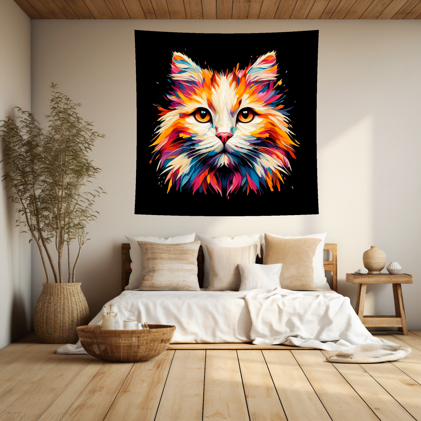 A vibrant 150cm x 150cm large art blanket featuring a colourful portrait of an Turkish Van cat. The design captures the cat's distinctive Markings and playful expression, brought to life with a palette of bright and bold colours. Perfect for adding a touch of feline charm and warmth to any space.