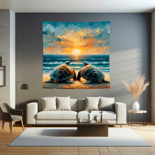 Large Art Blanket featuring two turtles on a beach looking out to sea. 1.5 metres by 1.5 metres, perfect for adding a touch of nature to your home.