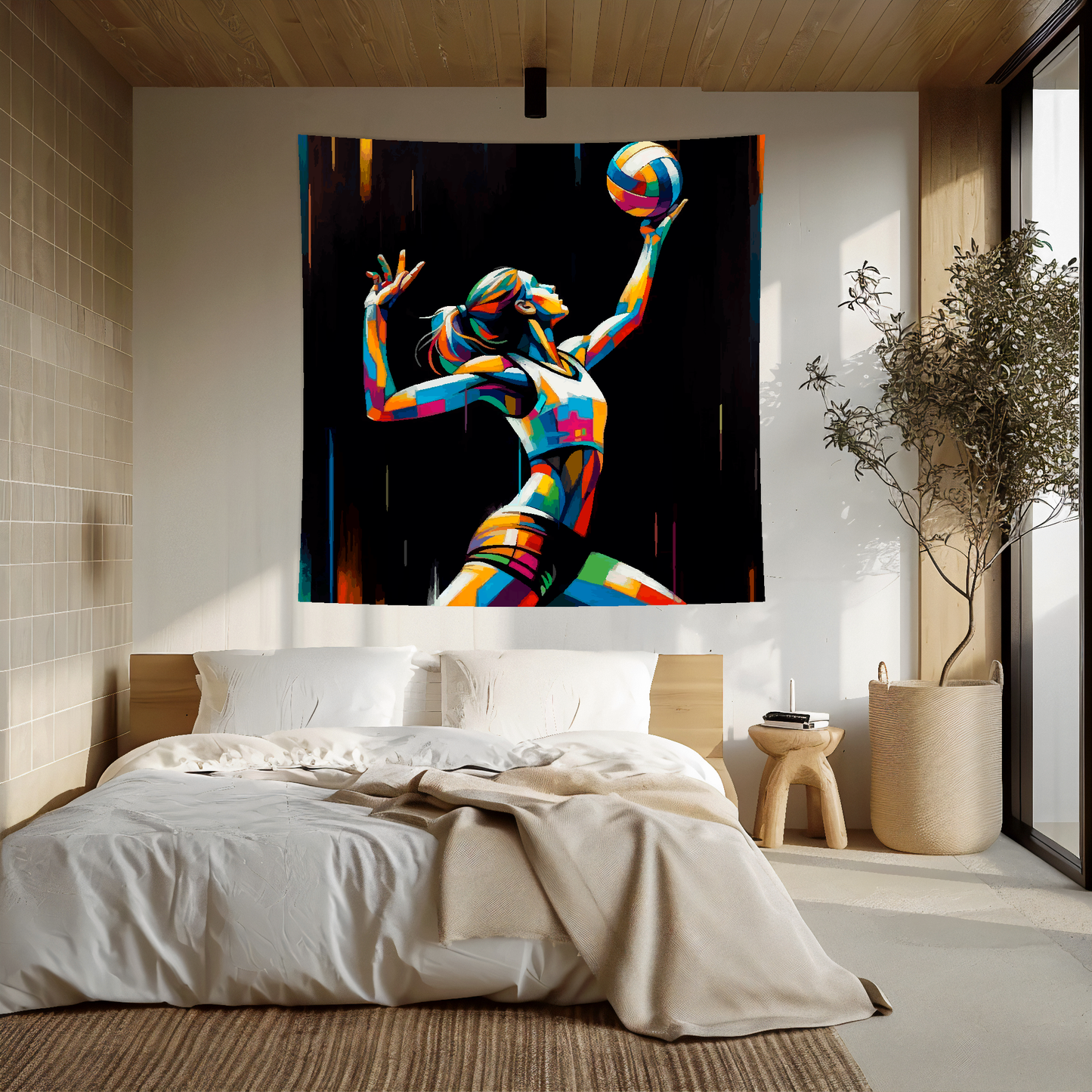 Abstract art blanket featuring a colourful female volleyball player. 1.5 metres by 1.5 metres, perfect for adding a touch of sporting action to any big wall space.