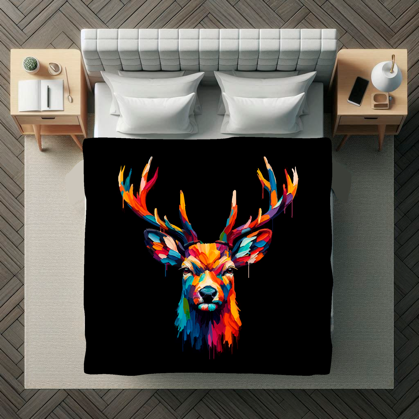 Large art blanket featuring a detailed and colourful portrait of a Stag. Measuring 1.5 metres by 1.5 metres, this blanket is perfect for adding a touch of natural wildlife beauty to any big wall space.