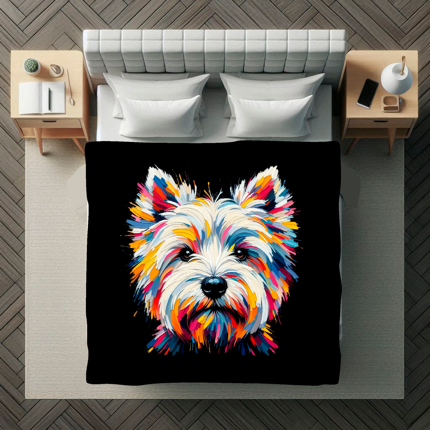 A vibrant 150cm x 150cm large art blanket featuring a colourful portrait of a West Highland Terrier dog. The design showcases the playful and lively nature of the breed, with an array of bright and bold colours bringing the artwork to life. Perfect for filling large walls, Bed spread or throw, adding a touch of warmth to any room.