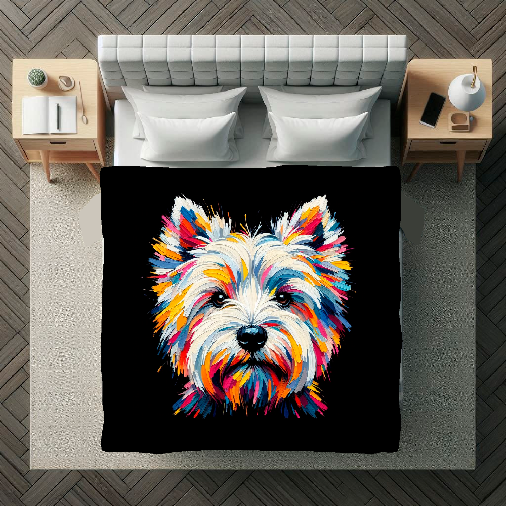 A vibrant 150cm x 150cm large art blanket featuring a colourful portrait of a West Highland Terrier dog. The design showcases the playful and lively nature of the breed, with an array of bright and bold colours bringing the artwork to life. Perfect for filling large walls, Bed spread or throw, adding a touch of warmth to any room.