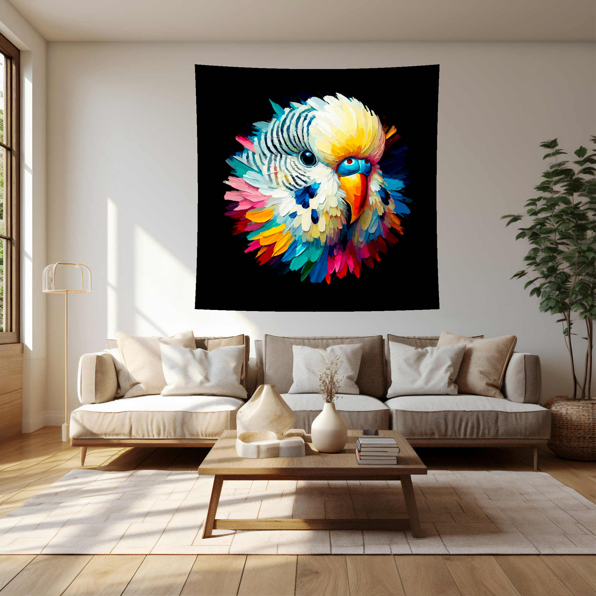 Large art blanket featuring a detailed and colourful bird portrait of a White Budgie. Measuring 1.5 metres by 1.5 metres, perfect for adding natural beauty and elegance to any big wall space.